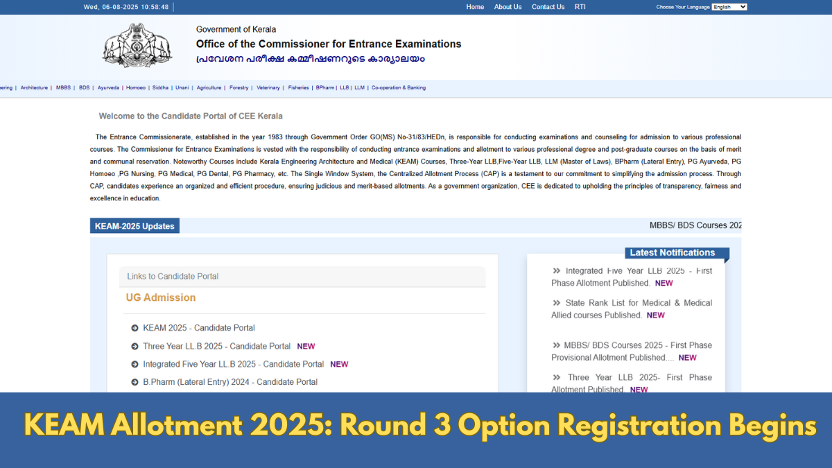 KEAM Allotment 2025: Round 3 Option Registration Begins; Details here